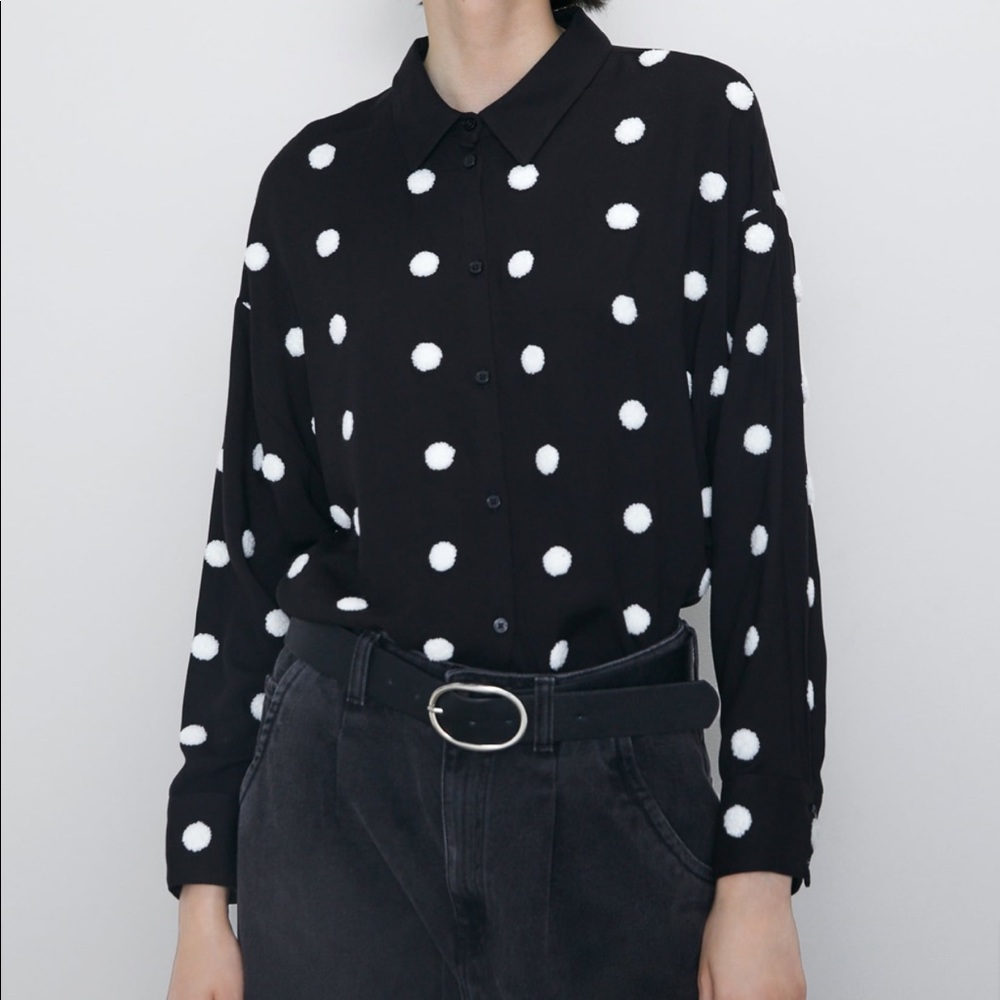 ZARA black, white embroidered polka dot shirt